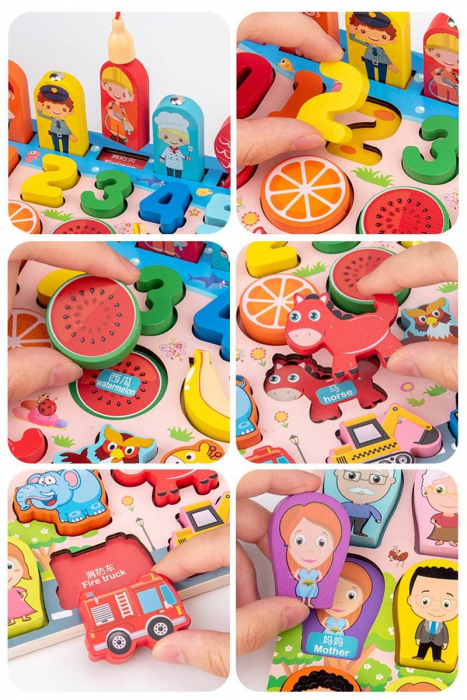 Joc multifunctional Montessori din lemn - pescuit magnetic, puzzle familia, meserii, cifre, fructe, animale, vehicule [3]