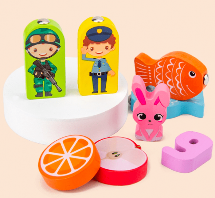 Joc multifunctional Montessori din lemn - pescuit magnetic, puzzle familia, meserii, cifre, fructe, animale, vehicule [5]