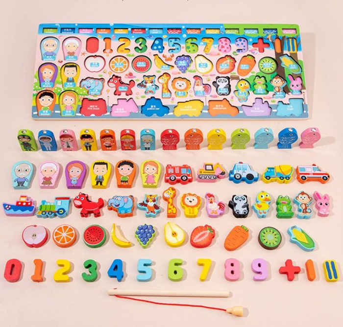 Joc multifunctional Montessori din lemn - pescuit magnetic, puzzle familia, meserii, cifre, fructe, animale, vehicule [2]