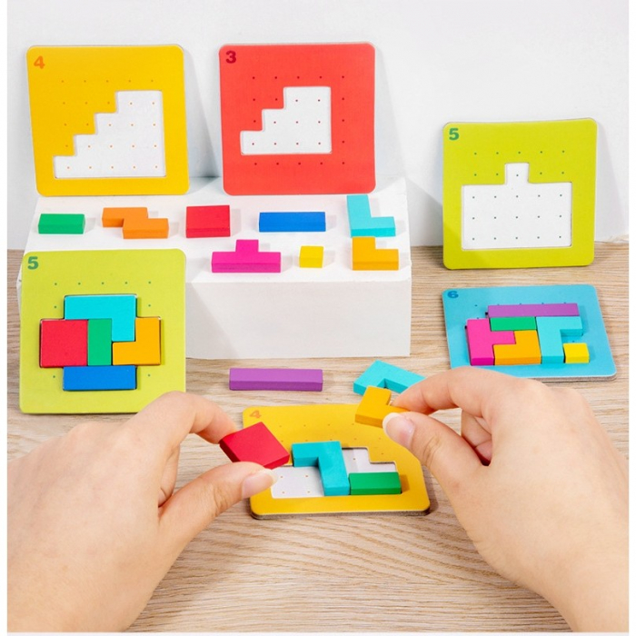 Joc puzzle cu 128 de piese de tip tetris si cartonase cu modele de realizat [4]