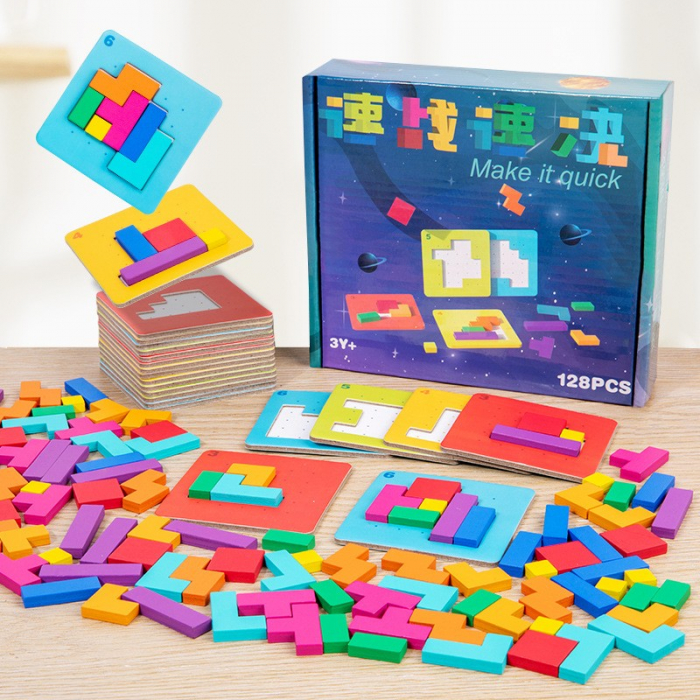Joc puzzle cu 128 de piese de tip tetris si cartonase cu modele de realizat [1]