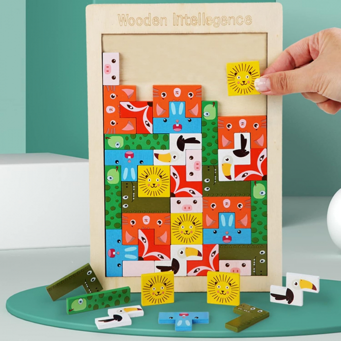 Joc puzzle de tip tetris cu piese multicolore 3D din lemn animale [3]