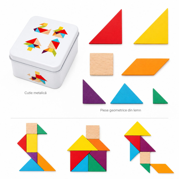 Joc tangram din lemn 7 piese si 12 pagini cu modele de reconstituit in cutie metalica, Joc de calatorie [3]