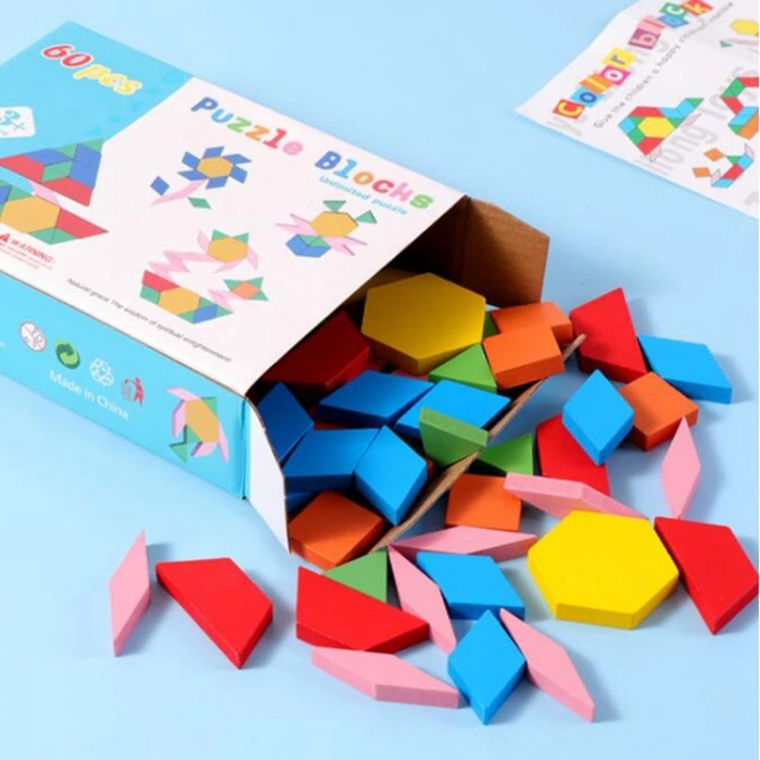 Joc tangram puzzle de tip Montessori din lemn 60 de piese [3]