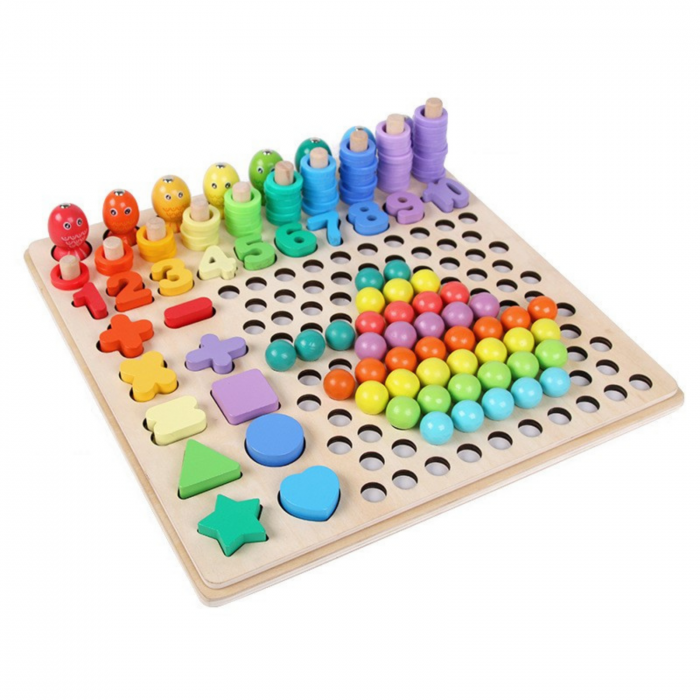 Jucărie din lemn multifuncțională de tip Montessori PUZZLE 3D, JOC DE STIVUIT, JOC DE PESCUIT MAGNETIC și JOC DE ASOCIERE CU BILE - Logarithmic plate with beads [2]