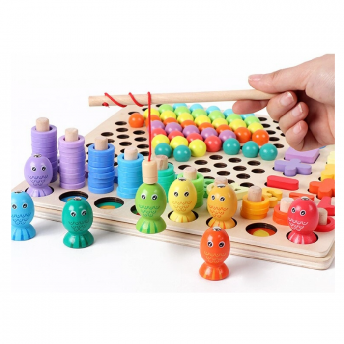 Jucărie din lemn multifuncțională de tip Montessori PUZZLE 3D, JOC DE STIVUIT, JOC DE PESCUIT MAGNETIC și JOC DE ASOCIERE CU BILE - Logarithmic plate with beads [5]