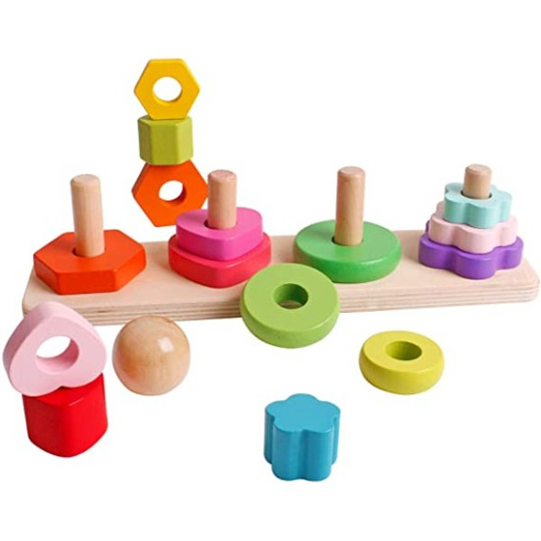 Jucarie de stivuit din lemn 4 forme geometrice Geometric Four Column tower [3]
