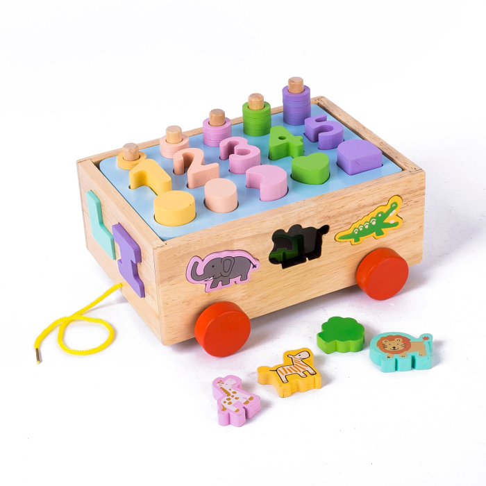 Jucarie din lemn de tip remorca cu sortator de forme si stivuit cerculete [1]