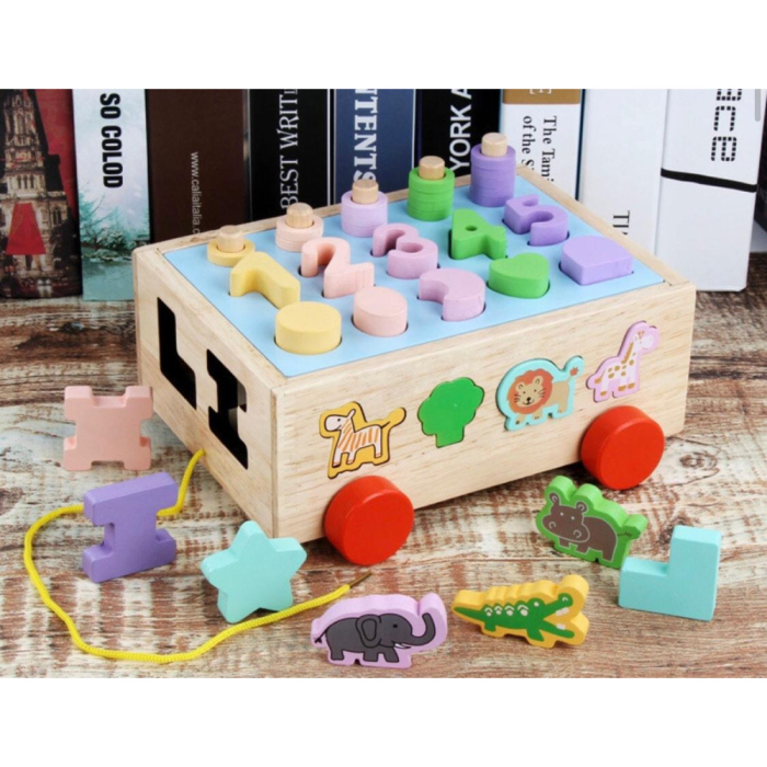 Jucarie din lemn de tip remorca cu sortator de forme si stivuit cerculete [5]