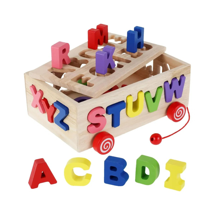 Jucarie din lemn de tip remorca cu sortator litere mari de tipar alfabet [2]