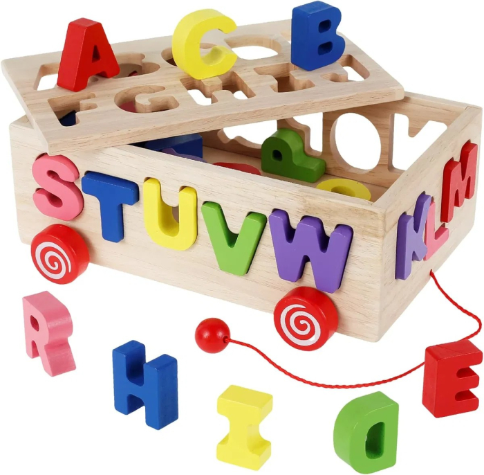 Jucarie din lemn de tip remorca cu sortator litere mari de tipar alfabet [1]