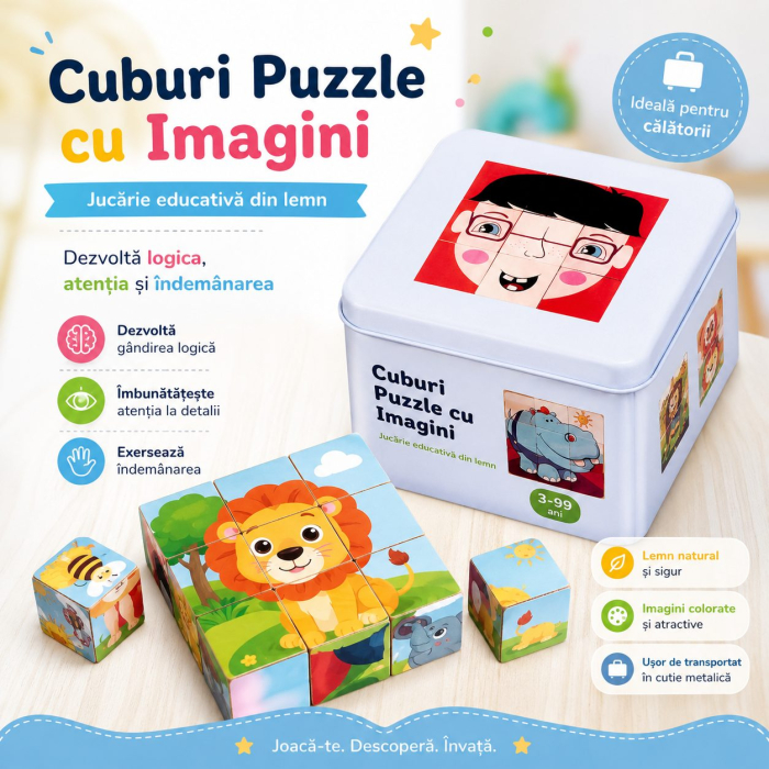 Jucarie Educativa din Lemn 9 Cuburi Puzzle cu Imagini in Cutie Metalica, Joc de Calatorie [5]