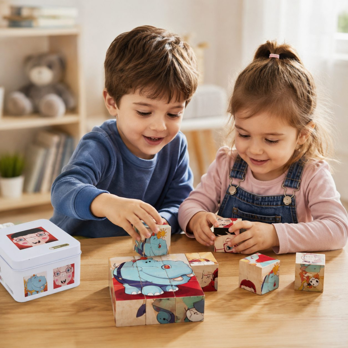 Jucarie Educativa din Lemn 9 Cuburi Puzzle cu Imagini in Cutie Metalica, Joc de Calatorie [4]