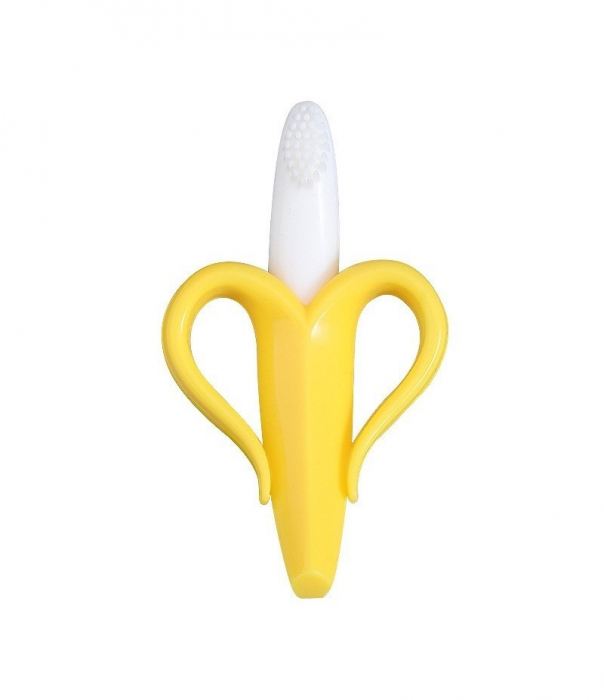 Jucarie gingivala din silicon nontoxic cu manere de prindere si periuta de dinti bebelusi 2 in 1 banana [2]