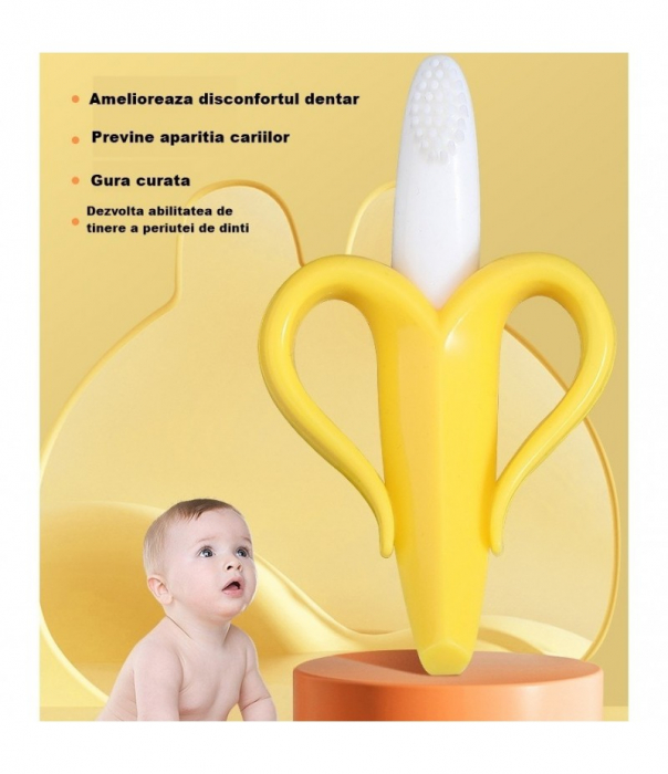 Jucarie gingivala din silicon nontoxic cu manere de prindere si periuta de dinti bebelusi 2 in 1 banana [4]