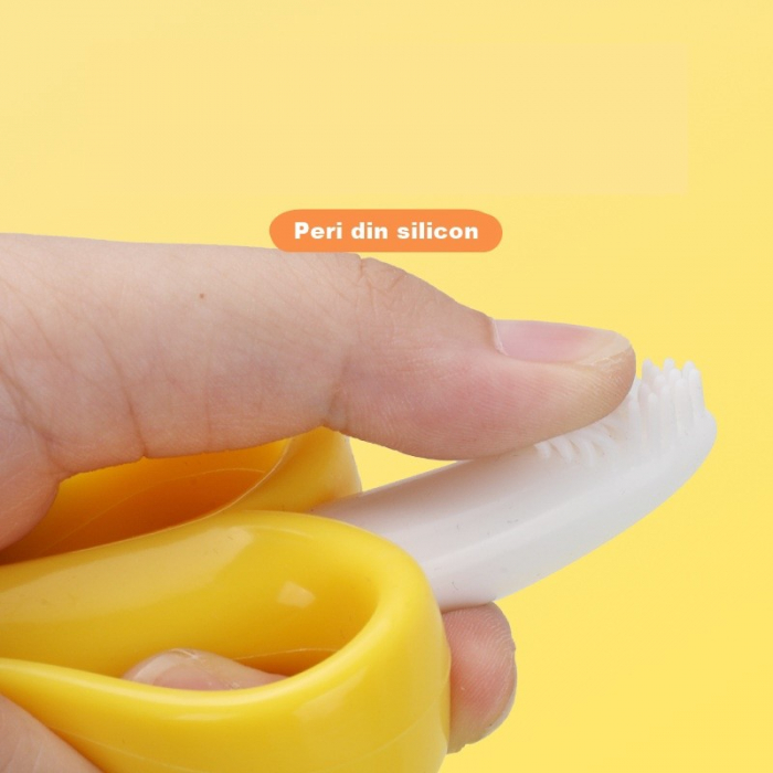Jucarie gingivala din silicon nontoxic cu manere de prindere si periuta de dinti bebelusi 2 in 1 banana [6]