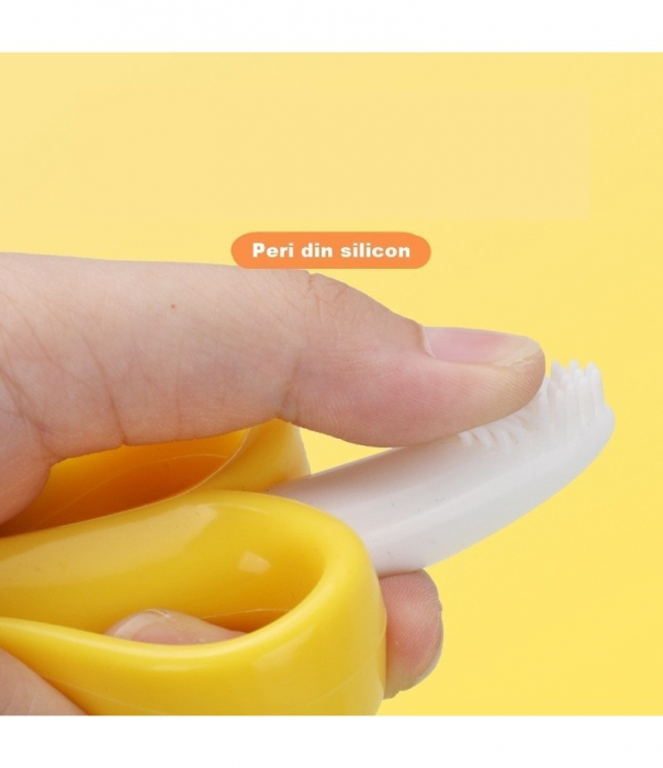 Jucarie gingivala din silicon nontoxic cu manere de prindere si periuta de dinti bebelusi 2 in 1 banana [3]