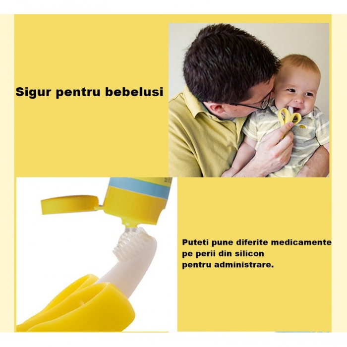 Jucarie gingivala din silicon nontoxic cu manere de prindere si periuta de dinti bebelusi 2 in 1 banana [8]