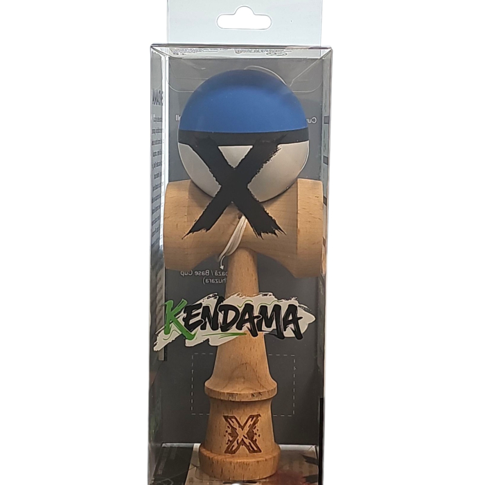 Jucarie Kendama X din lemn 18 cm grip cauciuc, bila alb, albastru inchis si dunga neagra [2]