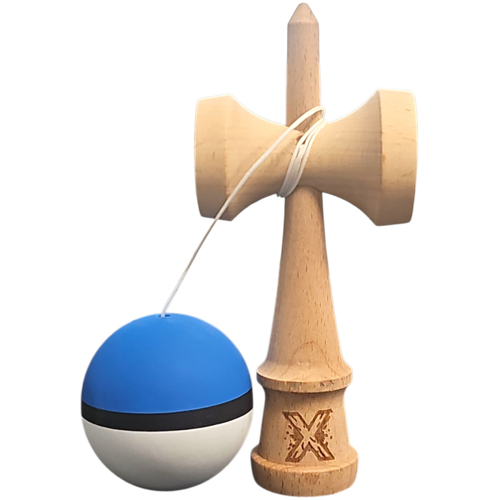 Jucarie Kendama X din lemn 18 cm grip cauciuc, bila alb, albastru inchis si dunga neagra [4]