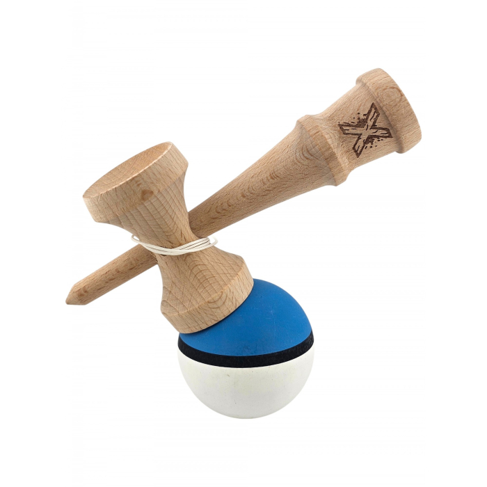 Jucarie Kendama X din lemn 18 cm grip cauciuc, bila alb, albastru si dunga neagra [2]