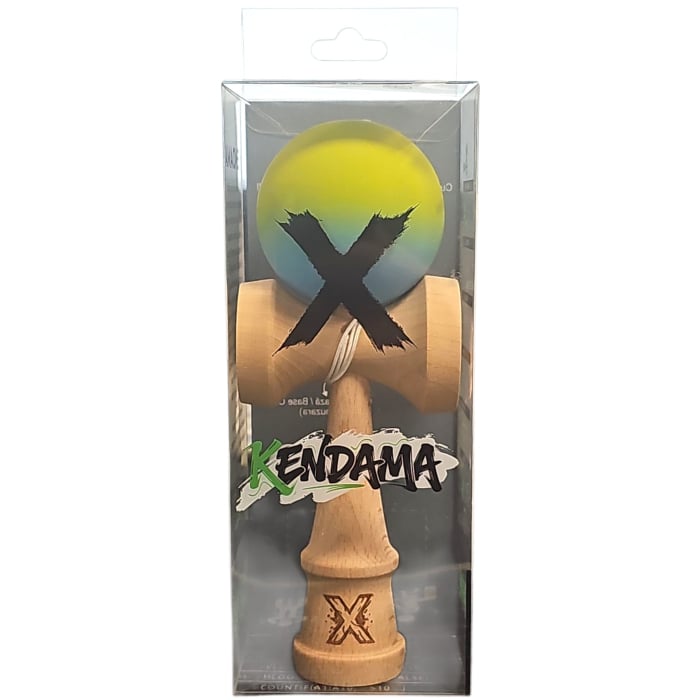 Jucarie Kendama X din lemn 18 cm grip cauciuc, bila alb, gradient galben, bleu [4]