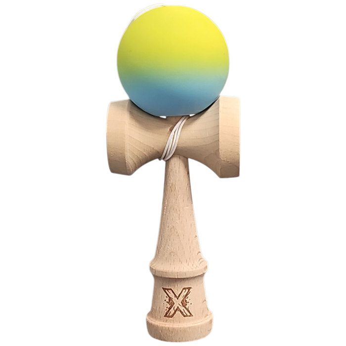 Jucarie Kendama X din lemn 18 cm grip cauciuc, bila alb, gradient galben, bleu [1]