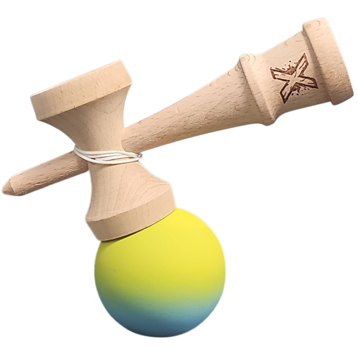 Jucarie Kendama X din lemn 18 cm grip cauciuc, bila alb, gradient galben, bleu [3]