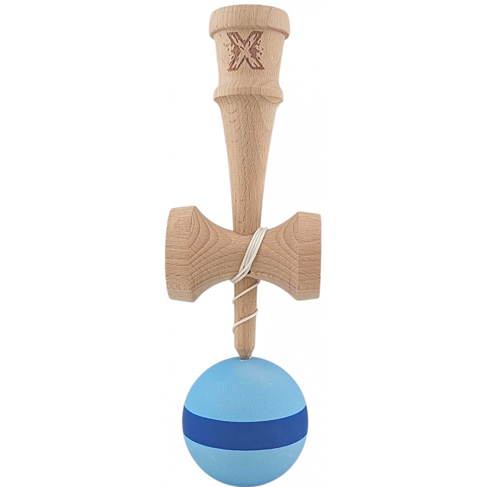 Jucarie Kendama X din lemn 18 cm grip cauciuc, bila bleu cu dunga albastru inchis [4]