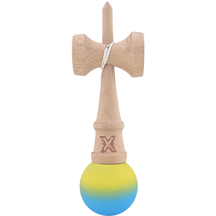 Jucarie Kendama X din lemn 18 cm grip cauciuc, bila gradient albastru deschis, galben [3]