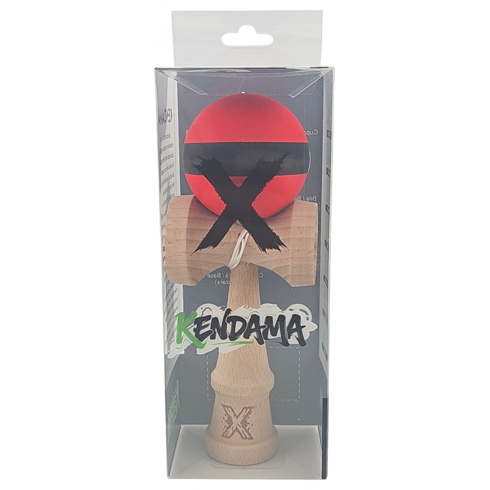Jucarie Kendama X din lemn 18 cm grip cauciuc, bila rosie cu dunga neagra [2]