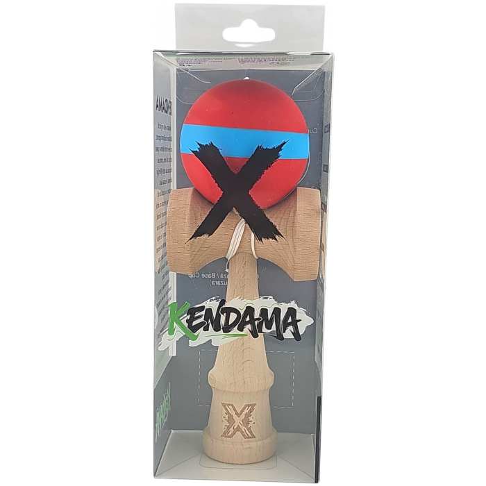 Jucarie Kendama X din lemn 18 cm grip cauciuc, bila rosie si dunga albastra [2]