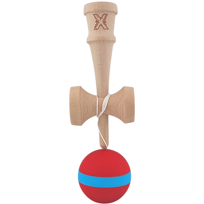 Jucarie Kendama X din lemn 18 cm grip cauciuc, bila rosie si dunga albastra [4]