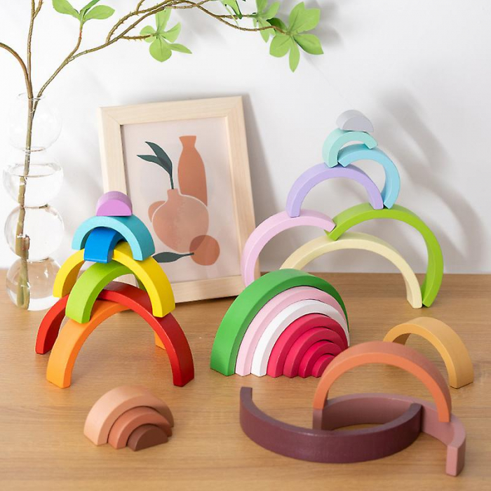 Jucărie Montessori din lemn CURCUBEU culori pastel - Wooden rainbow stacking blocks [2]