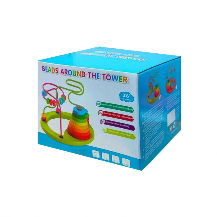 Jucarie motrica cu margele si turn de stivuit  din lemn 2 in 1 - Beads around the tower [2]