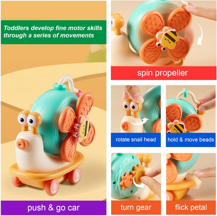 Jucarie motrica cu spinner 2 in 1 prindere cu ventuza si jucarie pe roti melc [8]