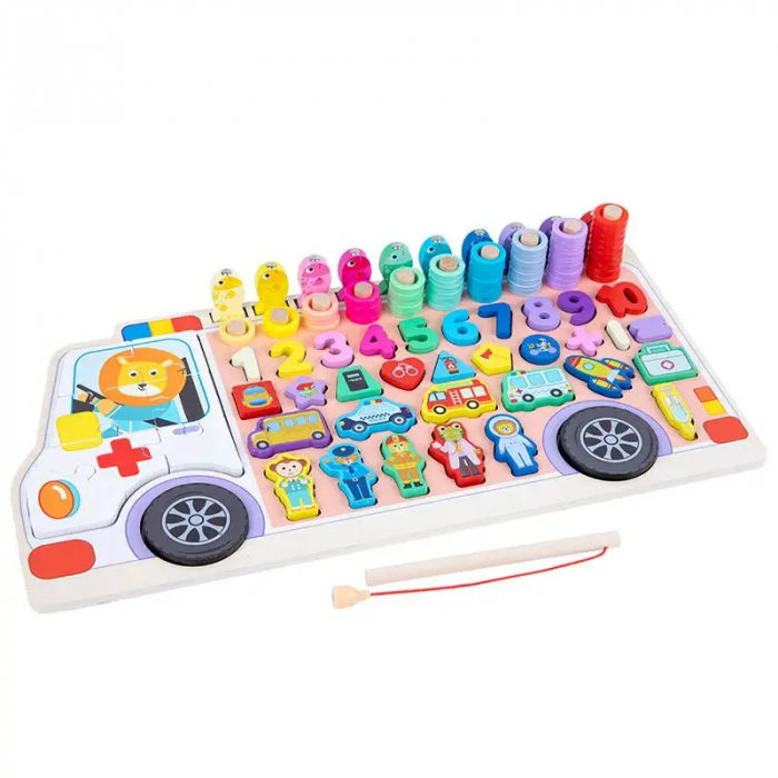 Jucărie multifuncțională 6 în 1 din lemn PUZZLE 3D, JOC DE STIVUIT, JOC DE PESCUIT MAGNETIC - AMBULANTA [3]