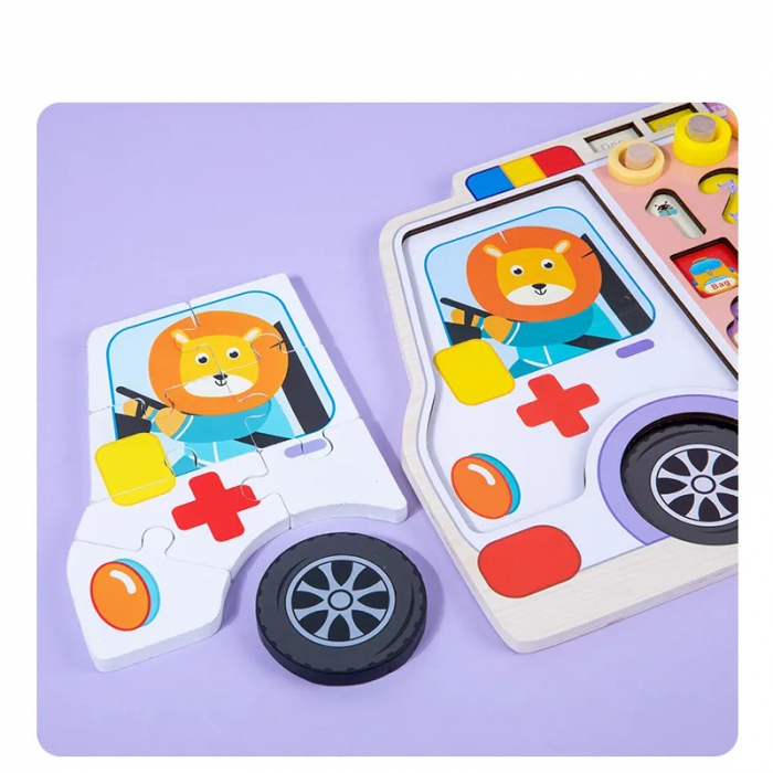 Jucărie multifuncțională 6 în 1 din lemn PUZZLE 3D, JOC DE STIVUIT, JOC DE PESCUIT MAGNETIC - AMBULANTA [2]