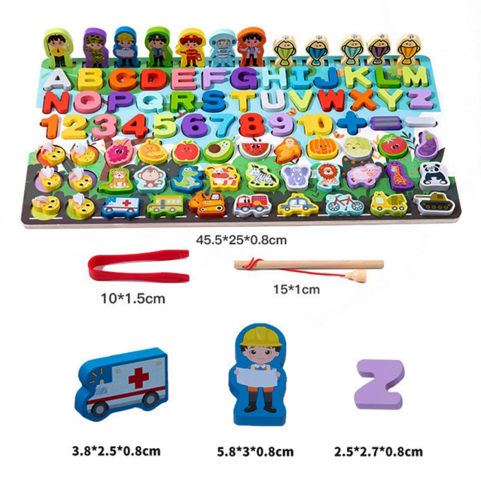 Jucărie multifuncțională din lemn Pescuit magnetic, joc de motricitate, Puzzle 3D alfabet, numere, fructe, legume, animale, vehicule [3]
