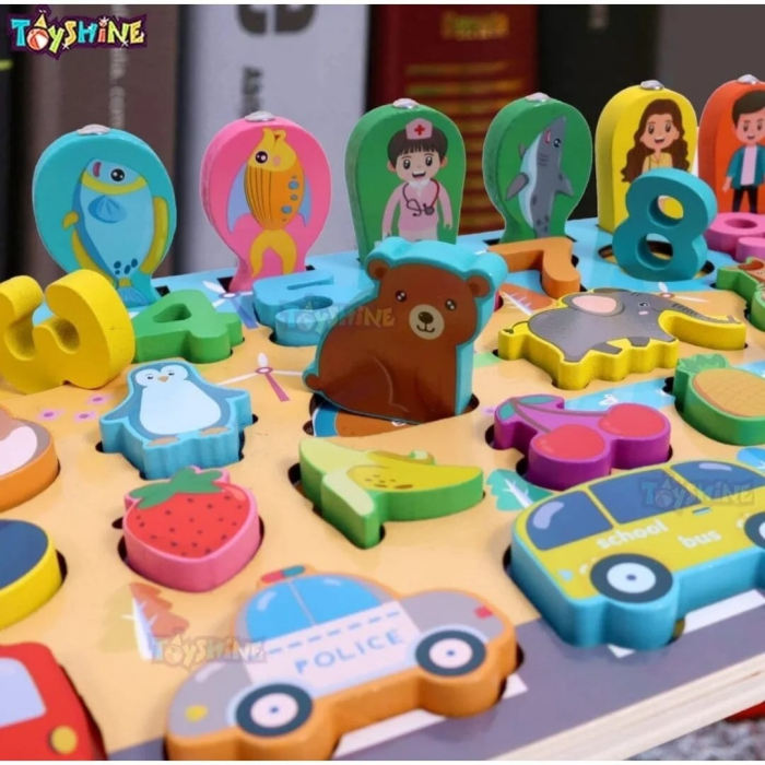 Jucărie multifuncțională din lemn Pescuit magnetic, joc de motricitate, Puzzle 3D numere, fructe, animale, vehicule,meserii, familia [5]