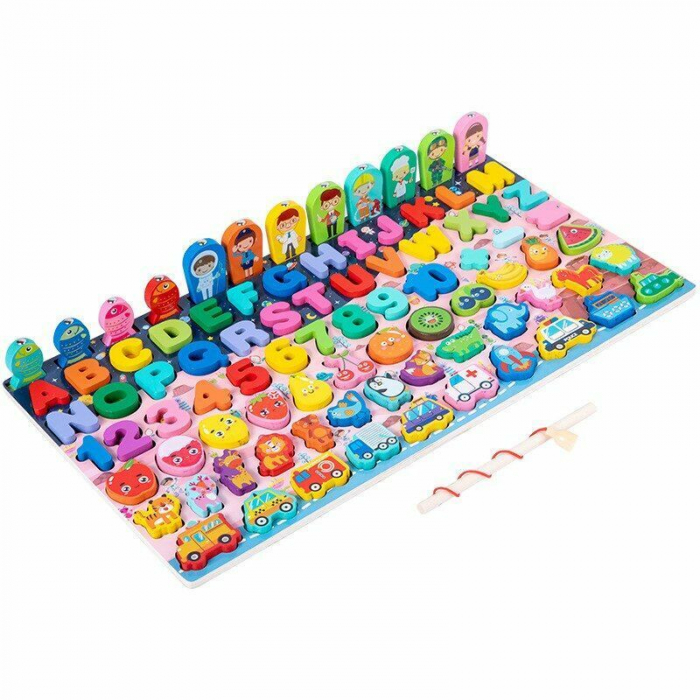 Jucarie multifunctionala din lemn puzzle 3D, joc de pescuit magnetic litere, numere, fructe, animale si vehicule [5]