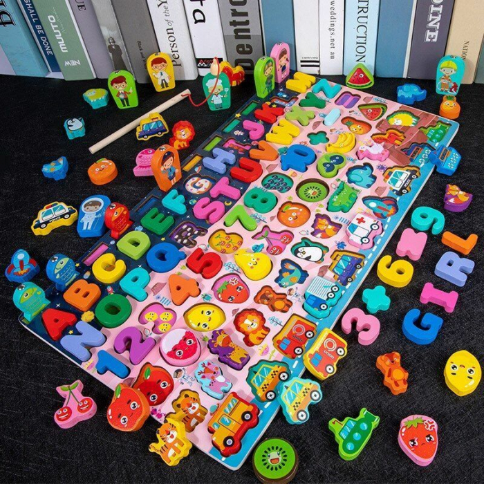 Jucarie multifunctionala din lemn puzzle 3D, joc de pescuit magnetic litere, numere, fructe, animale si vehicule [2]