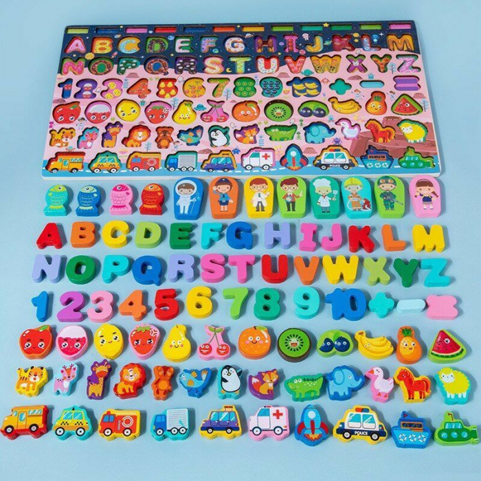 Jucarie multifunctionala din lemn puzzle 3D, joc de pescuit magnetic litere, numere, fructe, animale si vehicule [3]