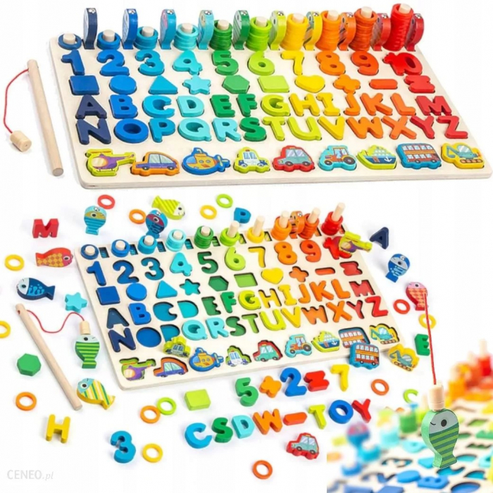 Jucarie multifunctionala din lemn puzzle 3D, joc de stivuit, joc de pescuit magnetic vehicule [2]
