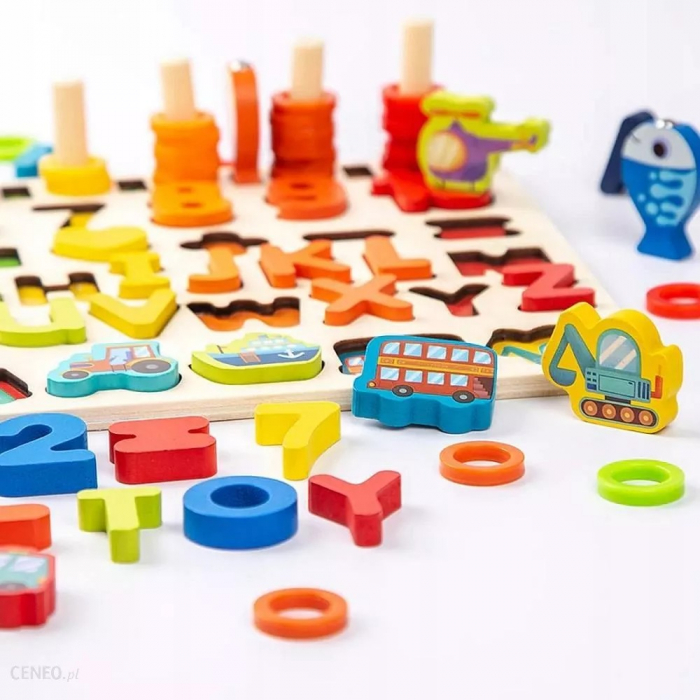 Jucarie multifunctionala din lemn puzzle 3D, joc de stivuit, joc de pescuit magnetic vehicule [4]