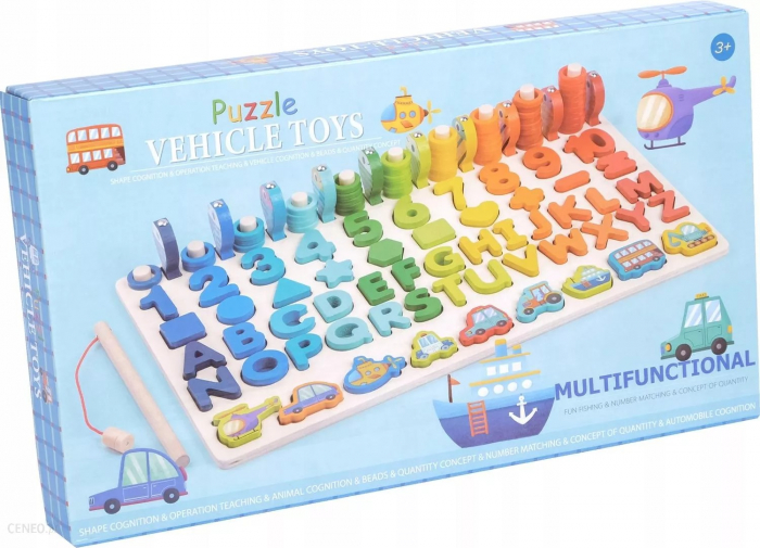 Jucarie multifunctionala din lemn puzzle 3D, joc de stivuit, joc de pescuit magnetic vehicule [6]
