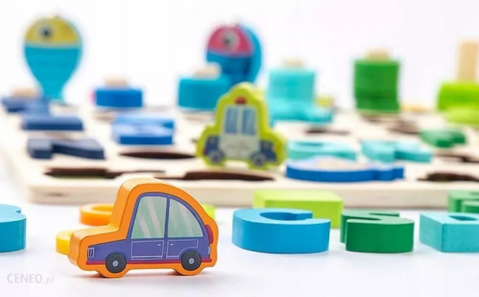 Jucarie multifunctionala din lemn puzzle 3D, joc de stivuit, joc de pescuit magnetic vehicule [3]