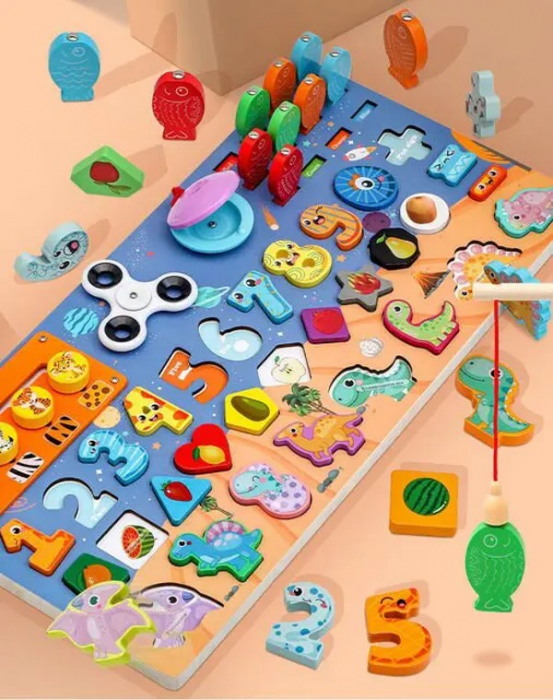 Jucarie multifunctionala din lemn PUZZLE DINOZAURI, JOC DE PESCUIT MAGNETIC, SPINNER [2]