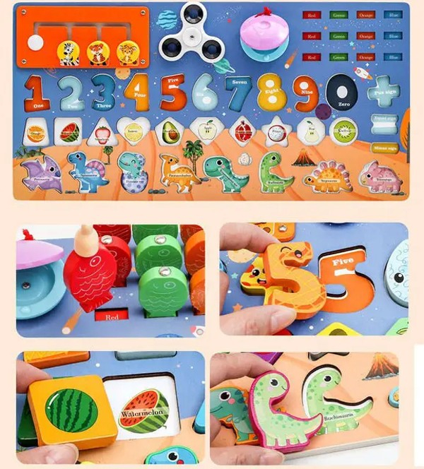 Jucarie multifunctionala din lemn PUZZLE DINOZAURI, JOC DE PESCUIT MAGNETIC, SPINNER [3]