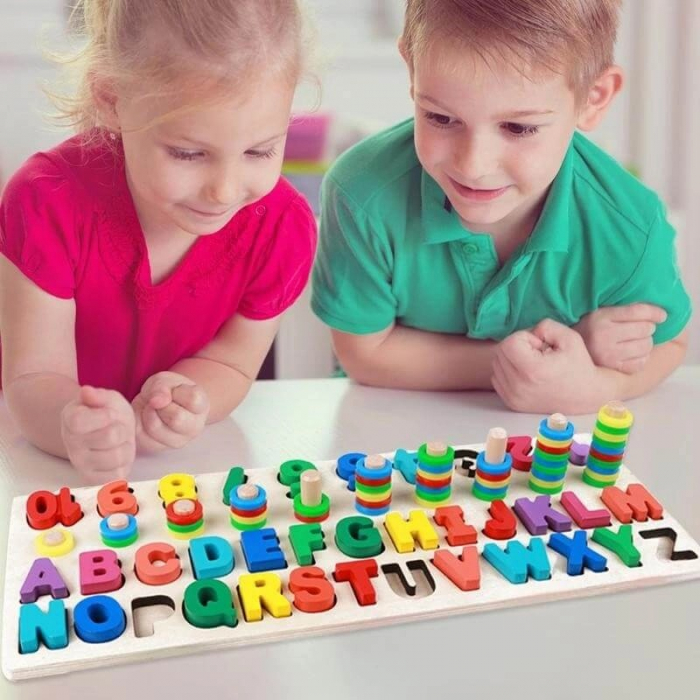 Jucarie multifunctionala din lemn puzzle si joc de stivuit - Alphanumeric pairing puzzle [5]